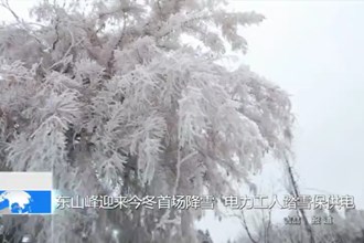 东山峰迎来今冬首场降雪，电力工人踏雪保供电
